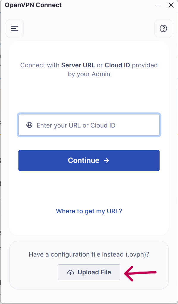 Option d'importation d'un profil dans OpenVPN Connect